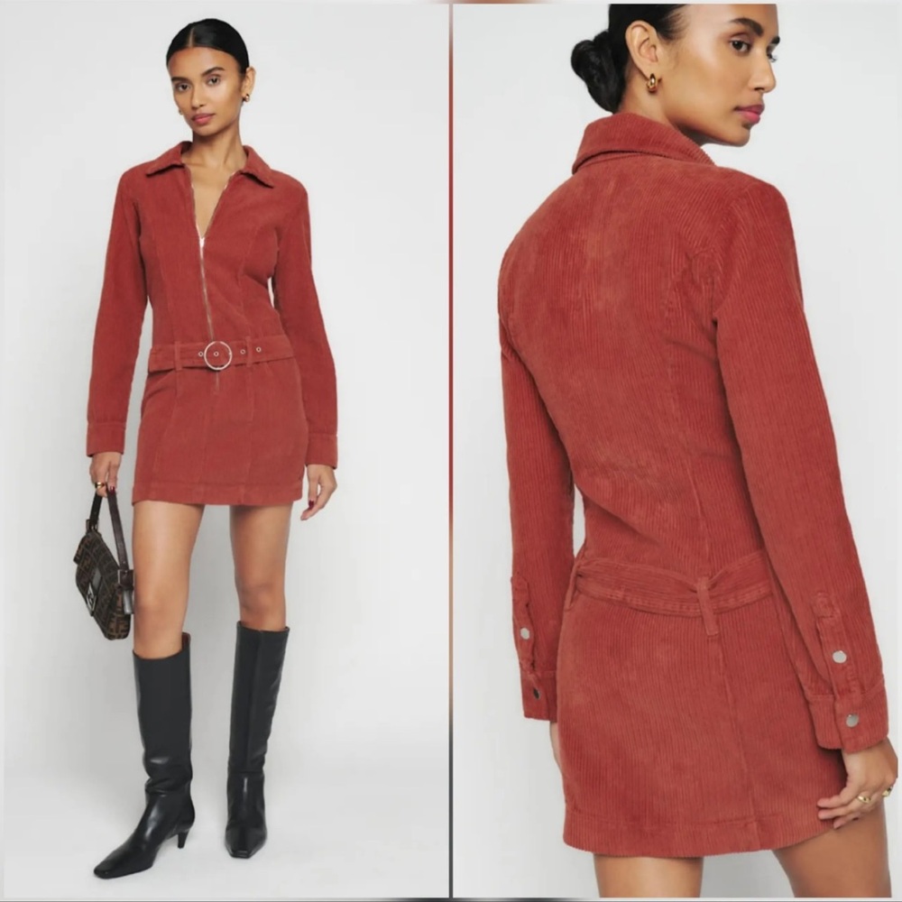 Reformation Nini Rust Corduroy Zip-Up Dress Size 2